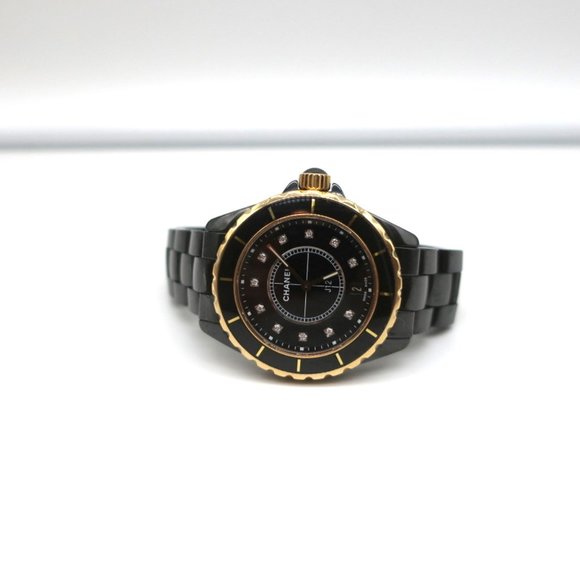 CHANEL J12 38MM WATCH BLACK CERAMIC AND 18K GOLD WITH DIAMONDS H2180 - Picture 2 of 10